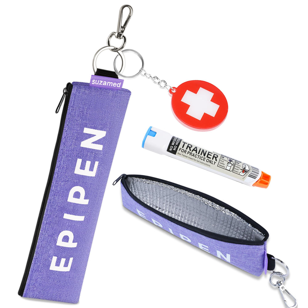 Suzamed portable epipen case in purple with medical alert symbol for quick access