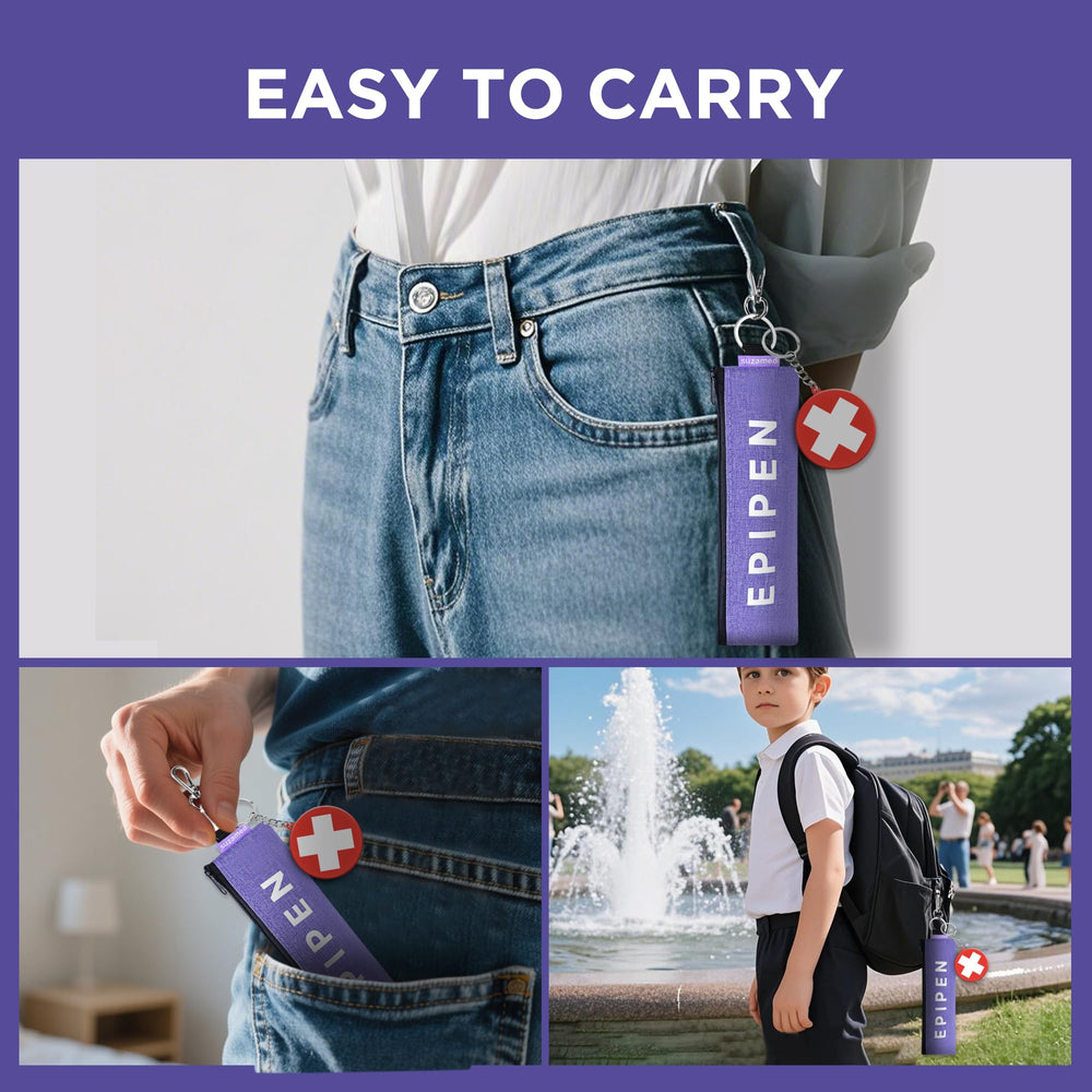 Suzamed travel-ready epipen case attached to bag for on-the-go access