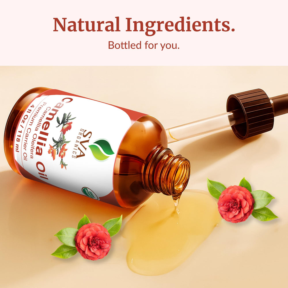 SVA Camellia Oil bottle highlights natural, cold-pressed origin