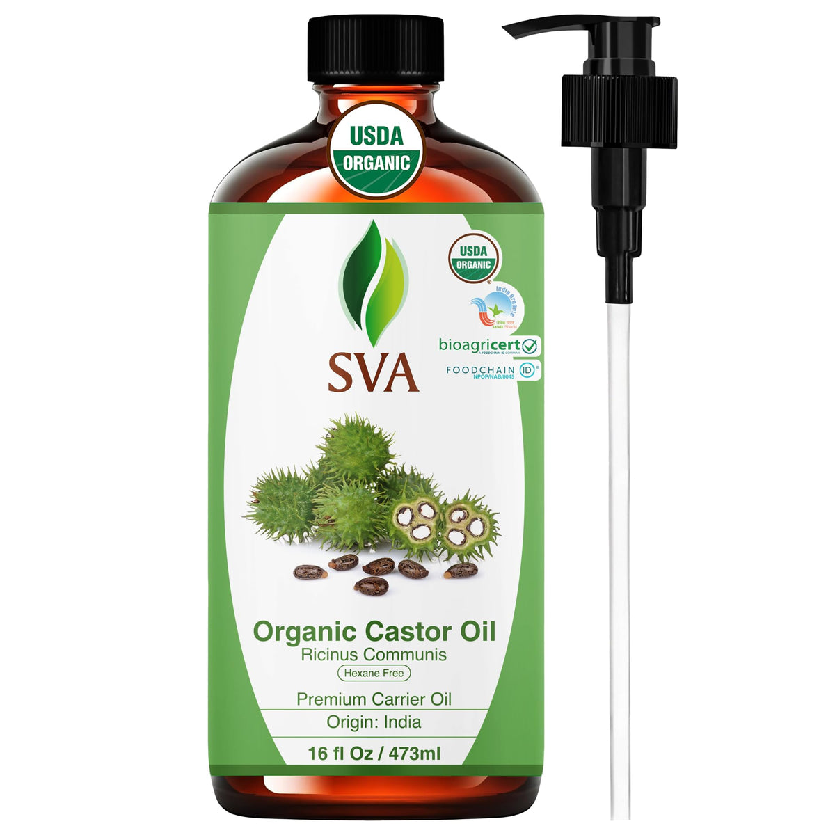 SVA Castor Oil 16oz pump bottle for easy skin and hair care.