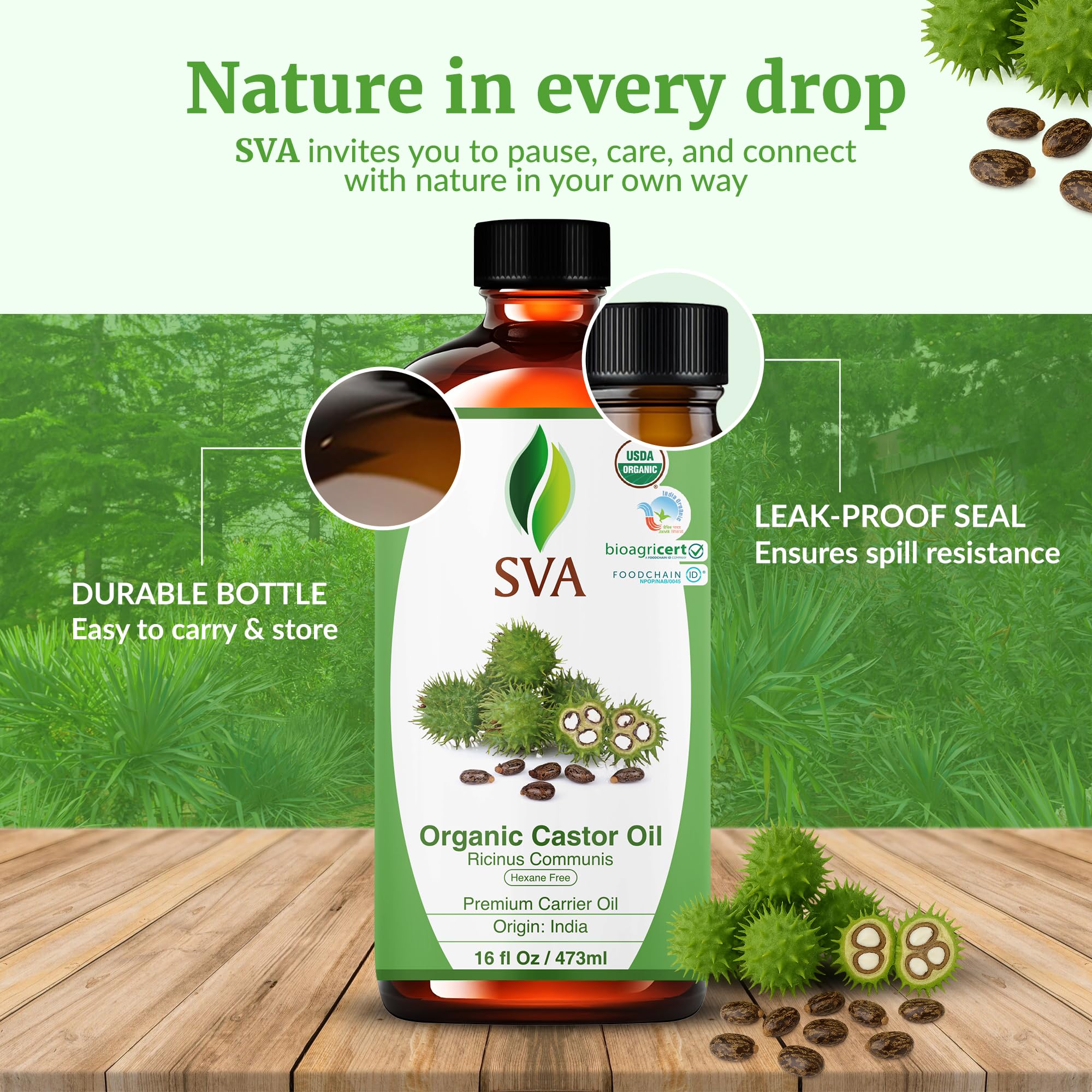 SVA Castor Oil label confirms organic, cold-pressed sourcing for purity.