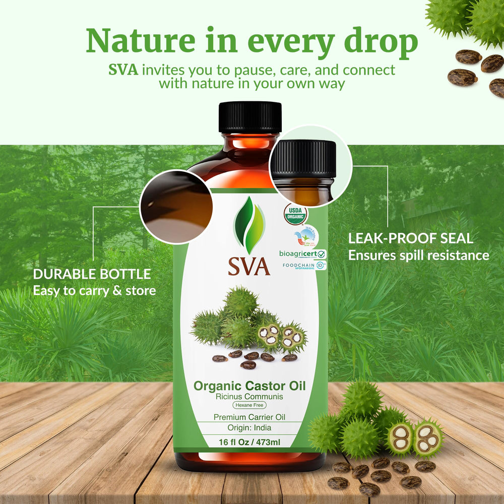SVA Castor Oil label confirms organic, cold-pressed sourcing for purity.