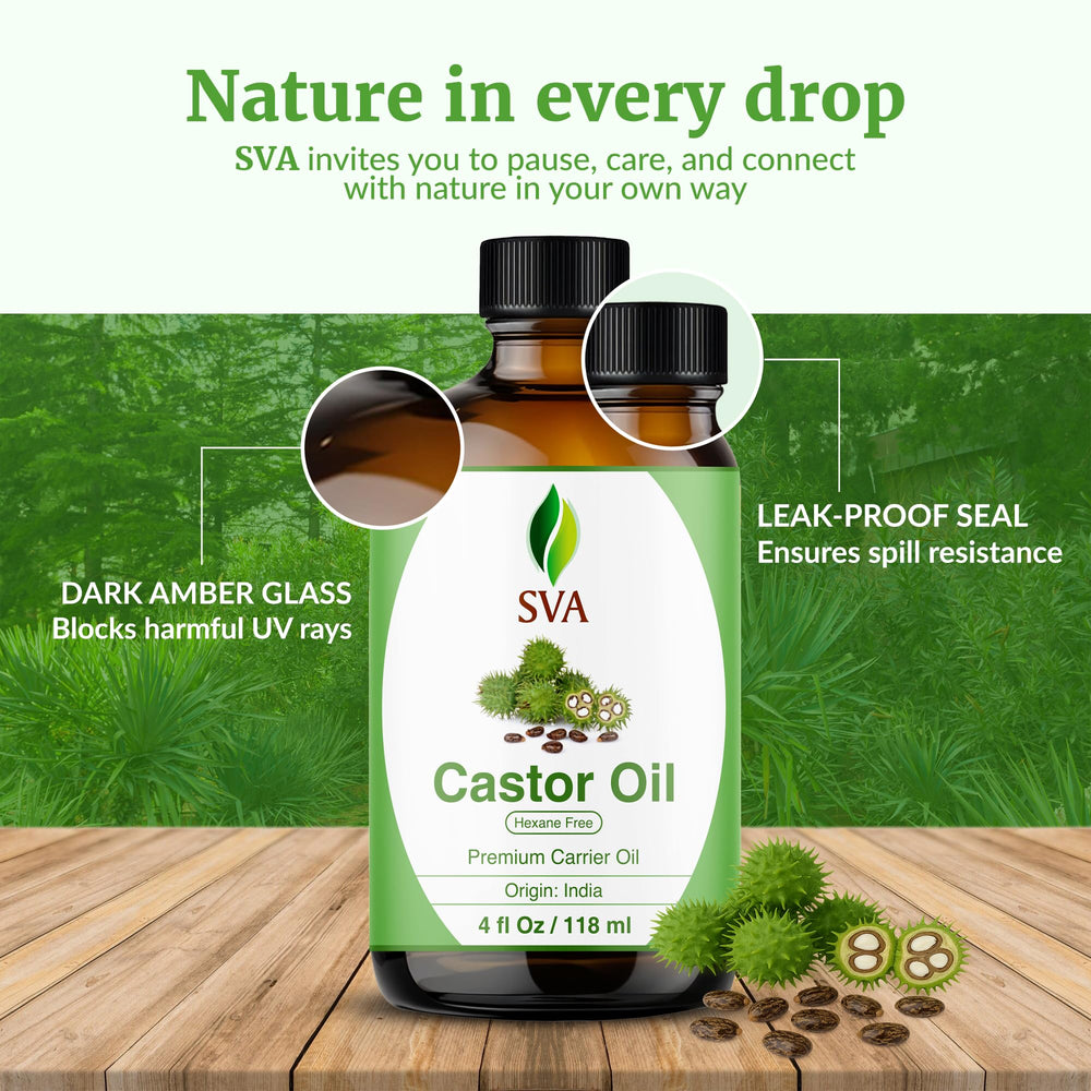 Dropper pours a few drops of SVA Castor Seed Oil on the palm