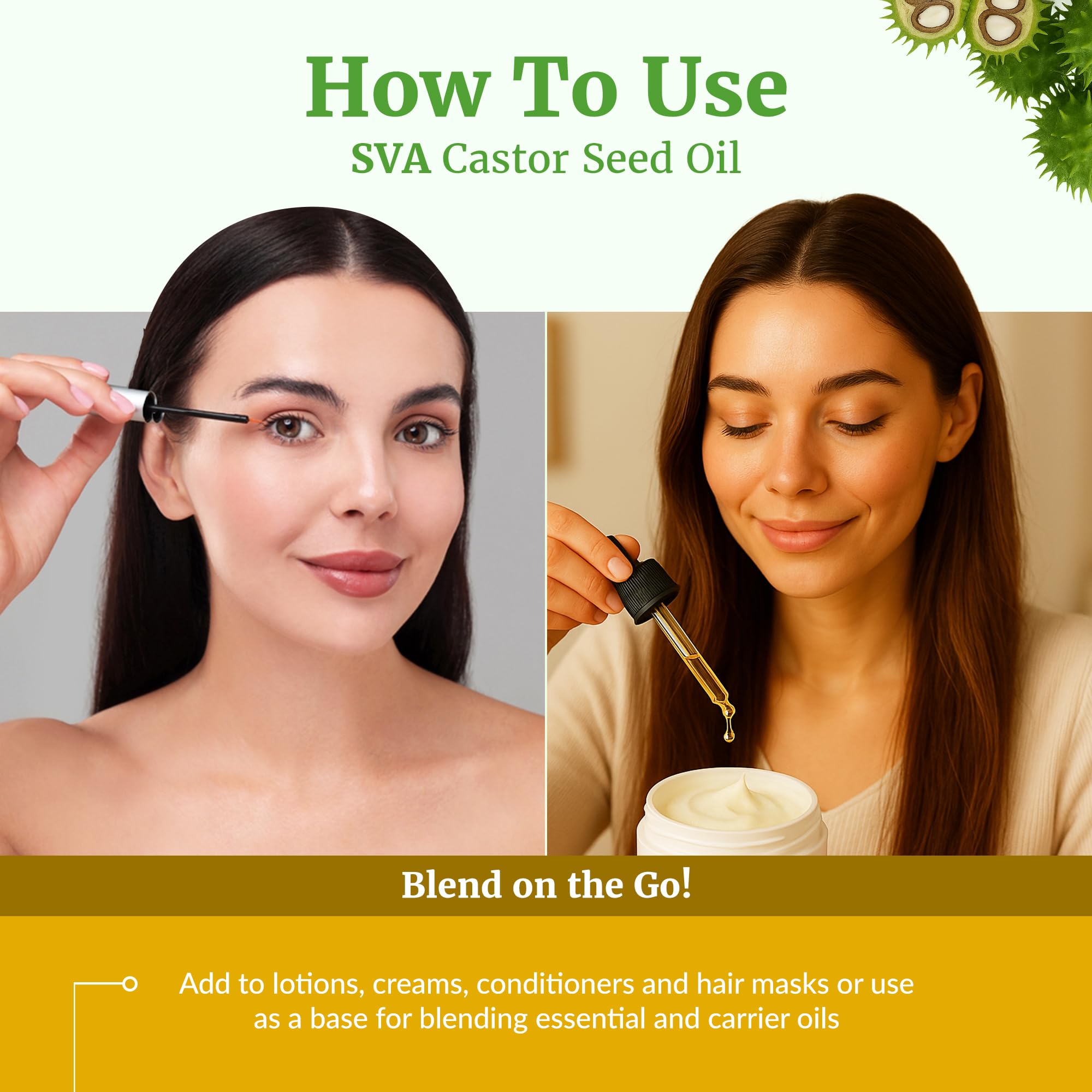 Eyelashes and brows benefit from SVA Castor Seed Oil conditioning