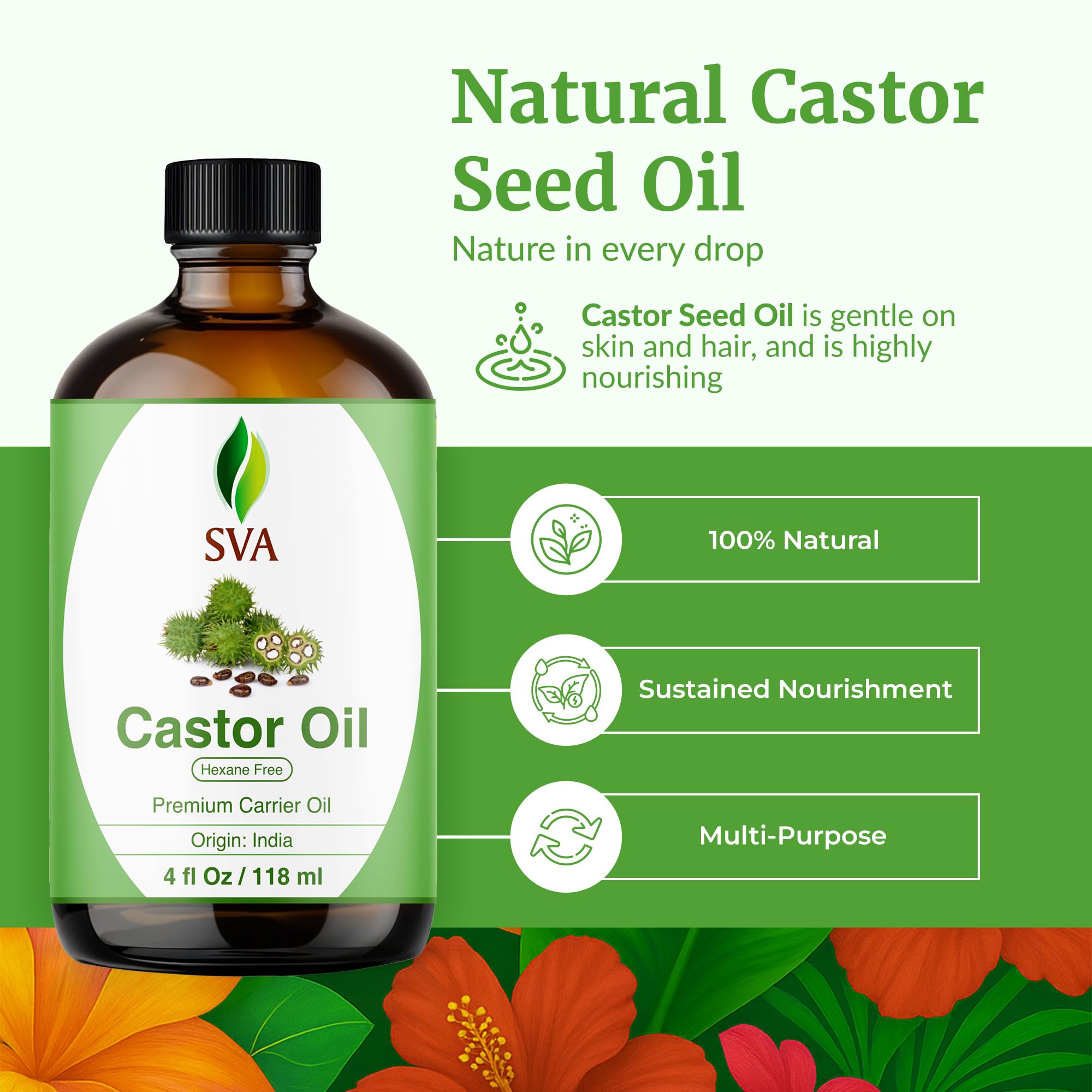Close-up of glass bottle showing pure hexane-free castor oil quality