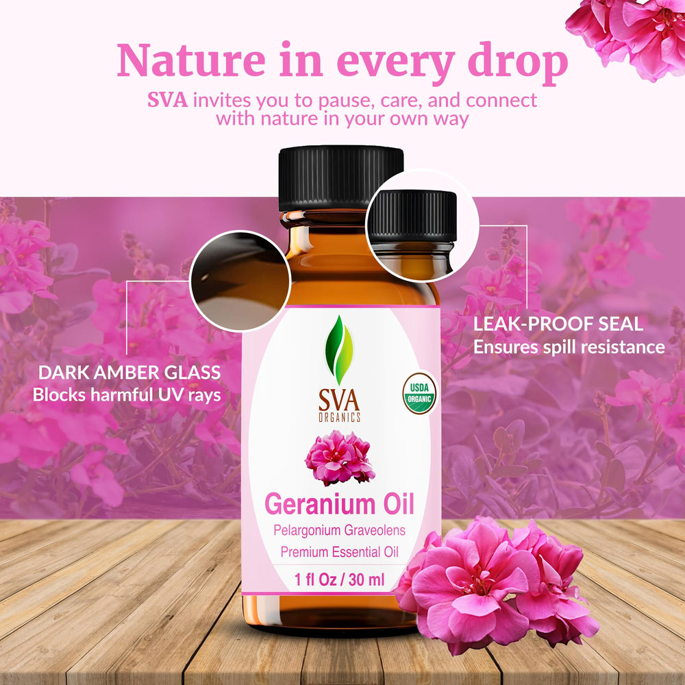 SVA Geranium essential oil drops in a relaxing bath routine.