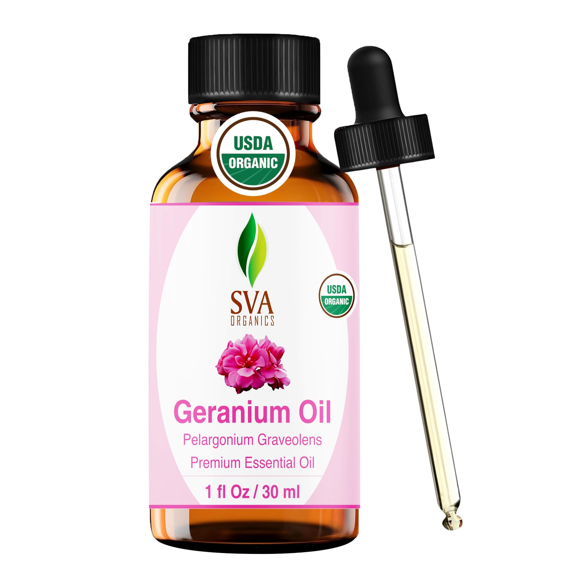 SVA Geranium essential oil bottle with dropper for precise application and diffusion.