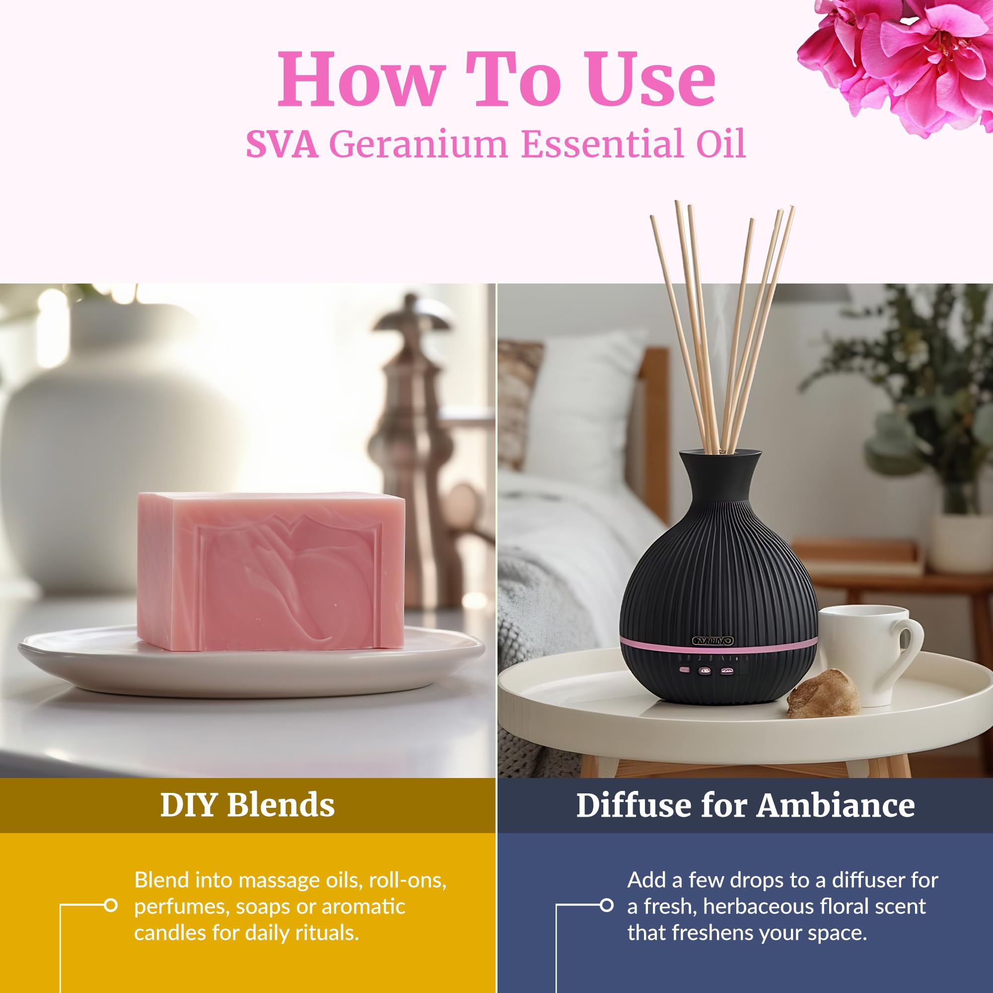SVA Geranium essential oil added to candles for natural aroma.
