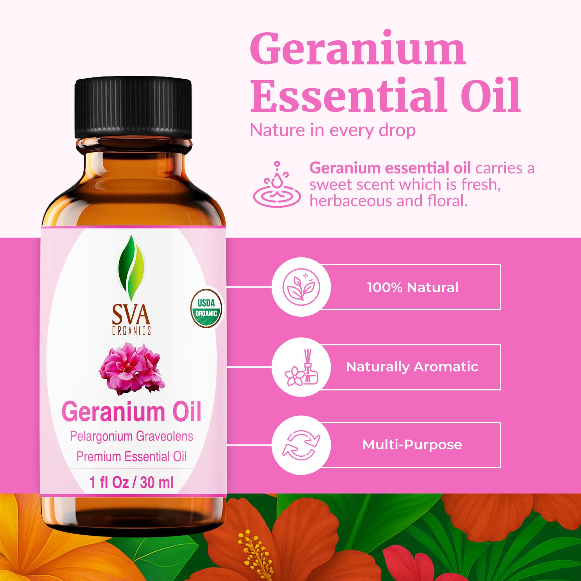SVA Geranium essential oil bottle beside a diffuser for ambient aroma.
