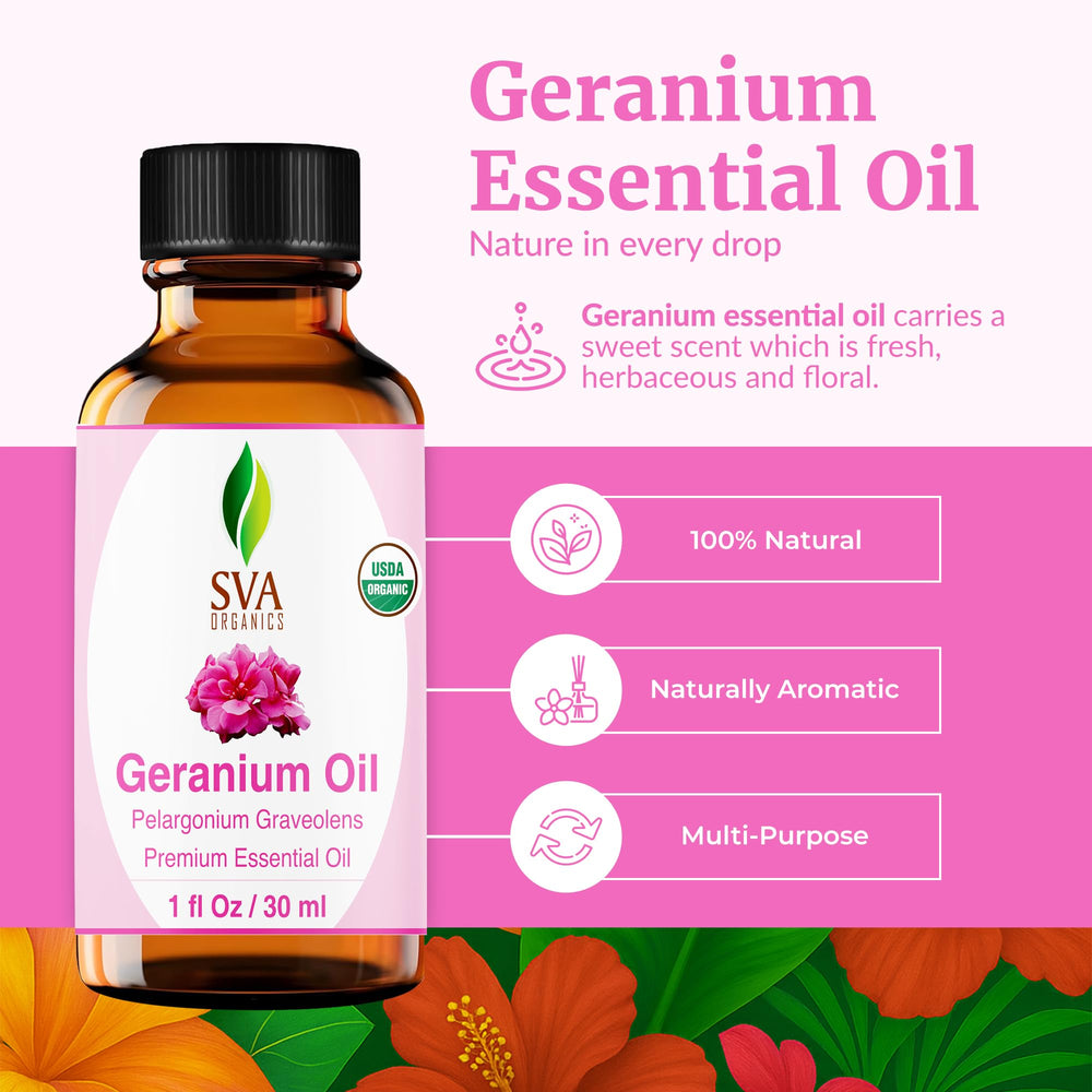 SVA Geranium essential oil bottle beside a diffuser for ambient aroma.