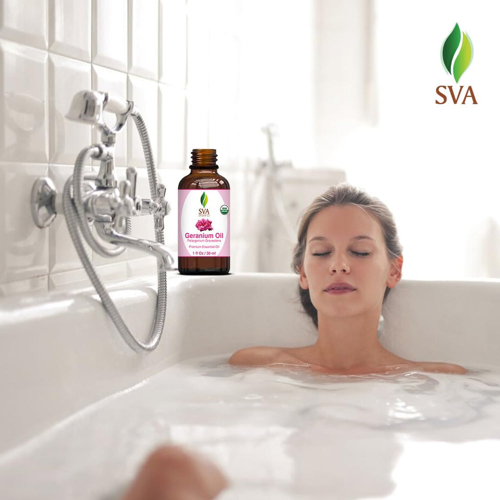 SVA Geranium essential oil with dropper for easy, mess-free use.