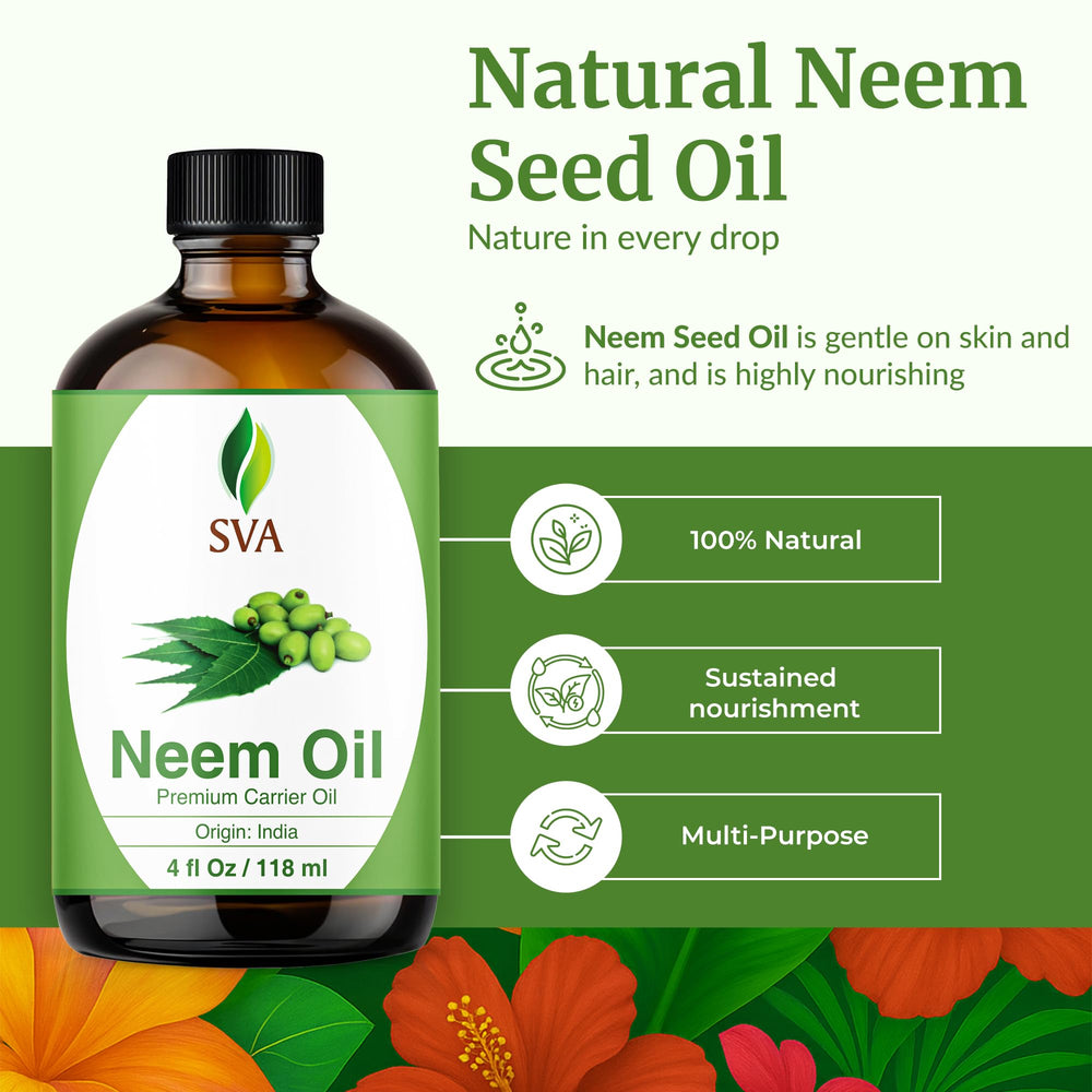Close-up of SVA Neem Oil in amber bottle showing natural quality