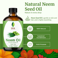 Close-up of SVA Neem Oil in amber bottle showing natural quality