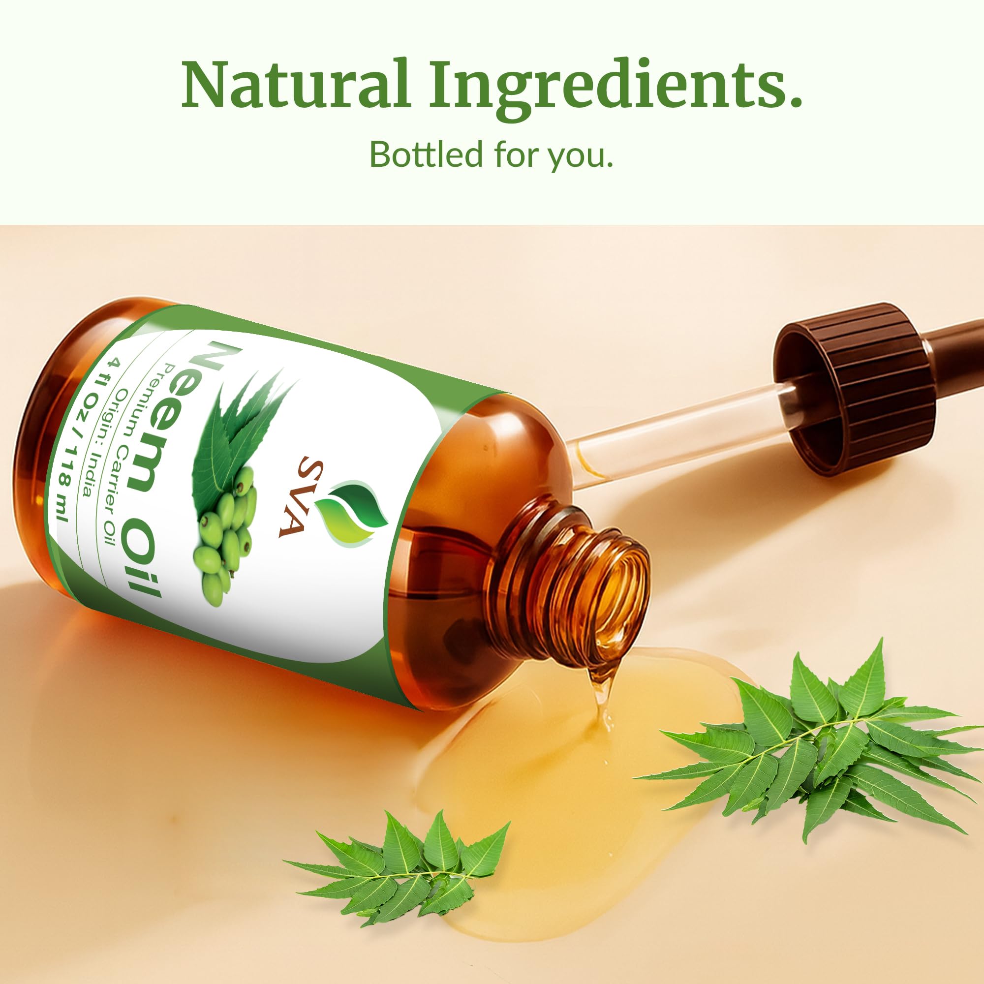 Packaging label of SVA Neem Oil detailing ingredients and dropper