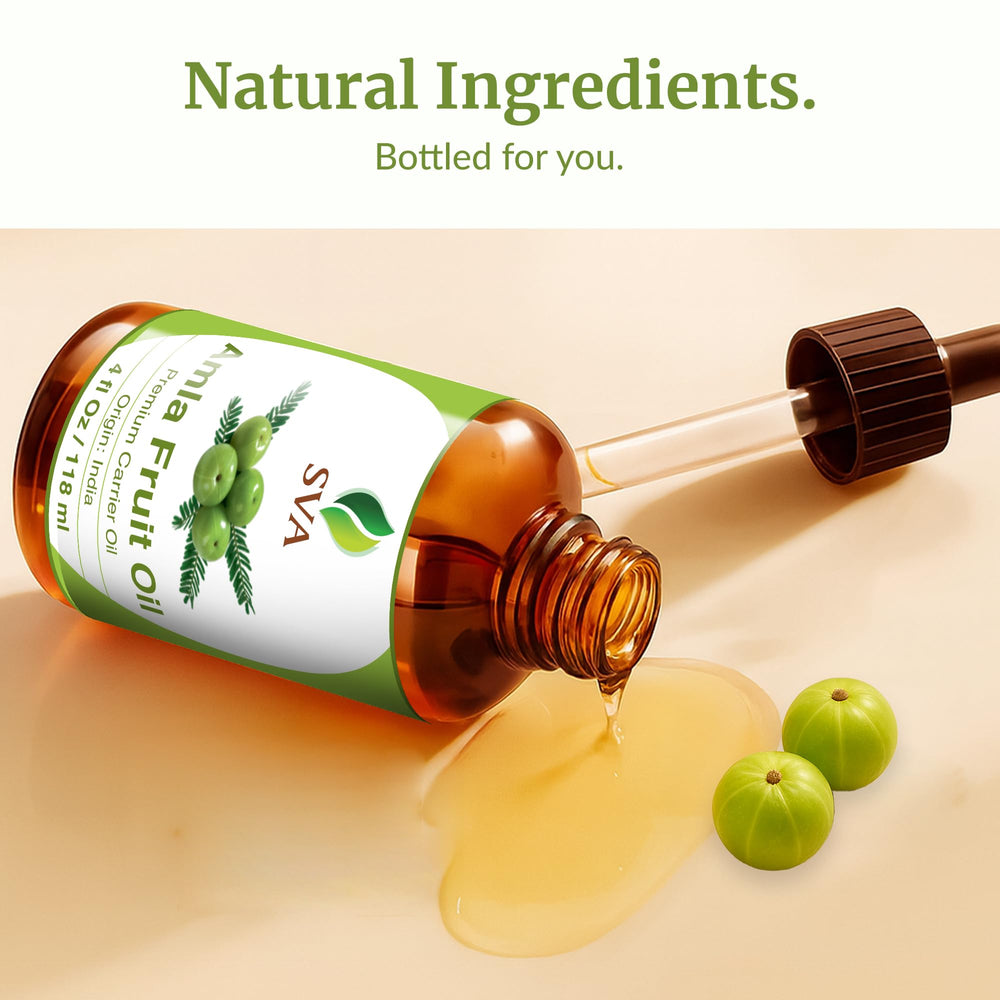 SVA ORGANICS Amla Oil packaging highlights purity and user-friendly dropper