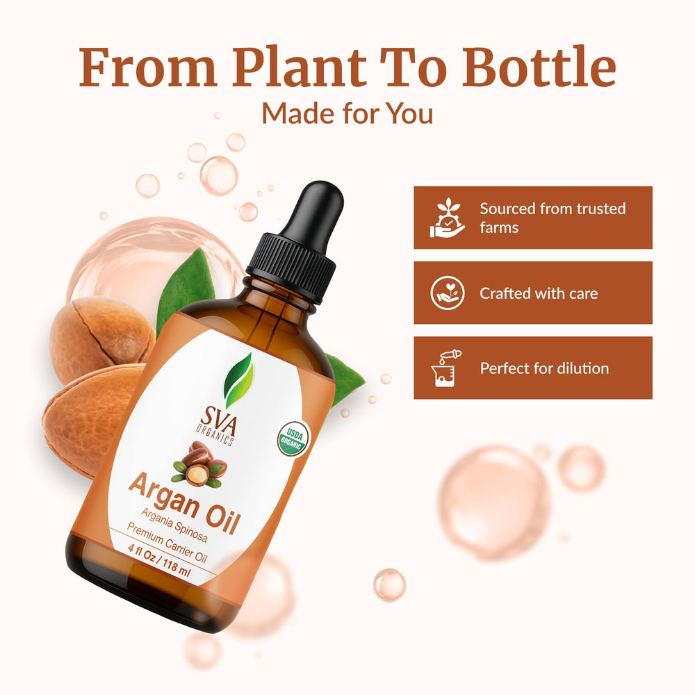 SVA Organics Argan Oil shown with shampoo for hair nourishment.