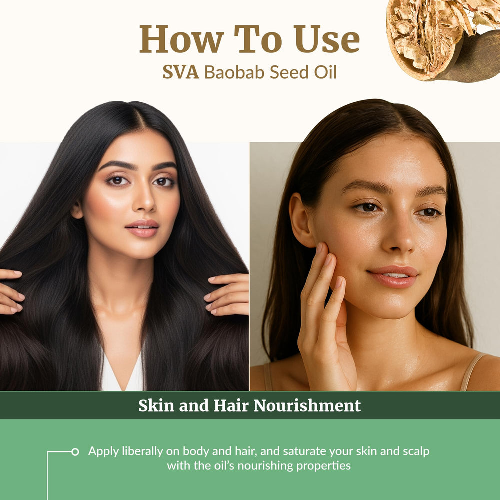 SVA Organics Baobab Oil with shampoo for nourished hair care.