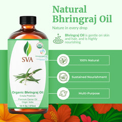 SVA Organic Bhringraj Oil close-up highlighting cold-pressed purity for hair care