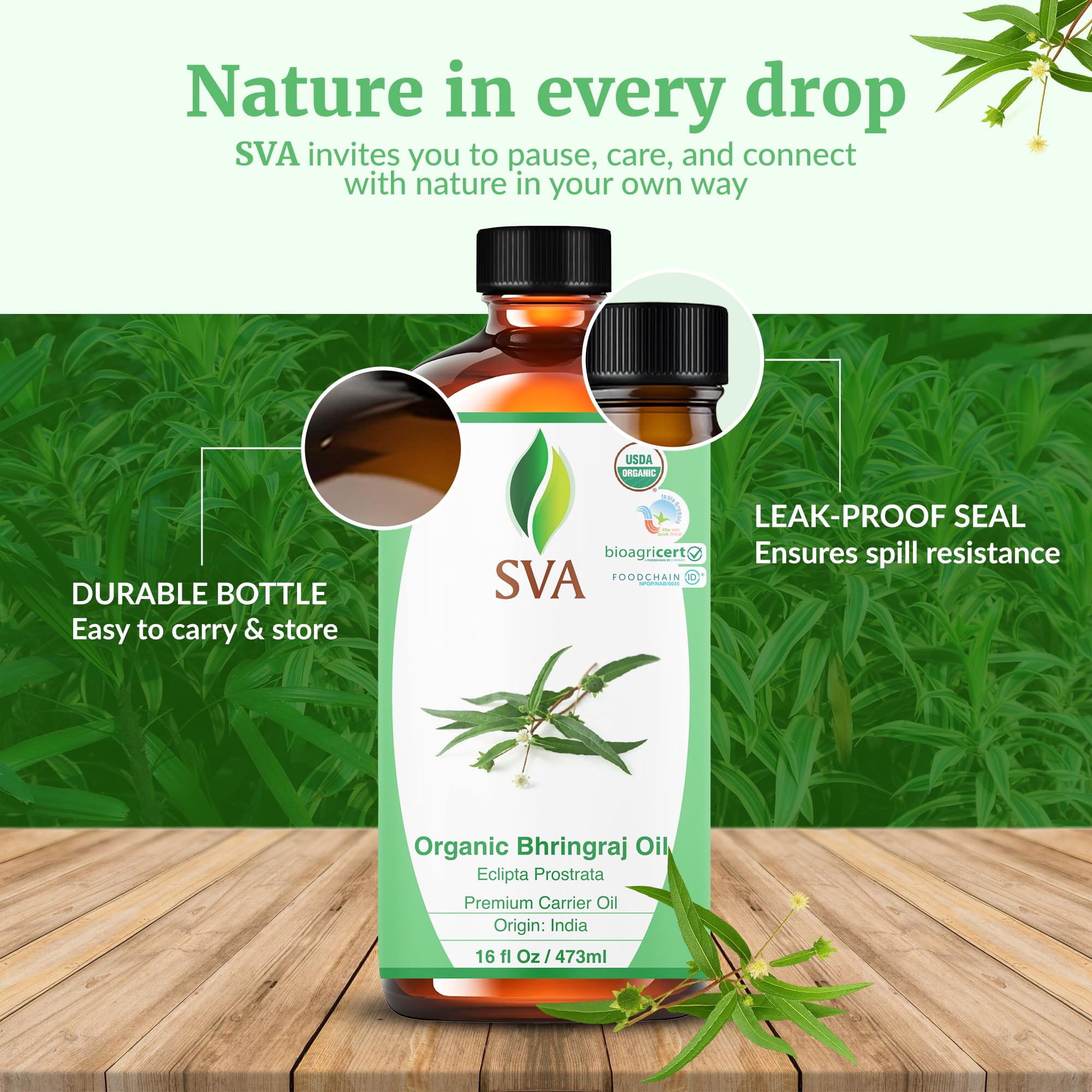 Packaging and label of SVA Organic Bhringraj Oil 16oz
