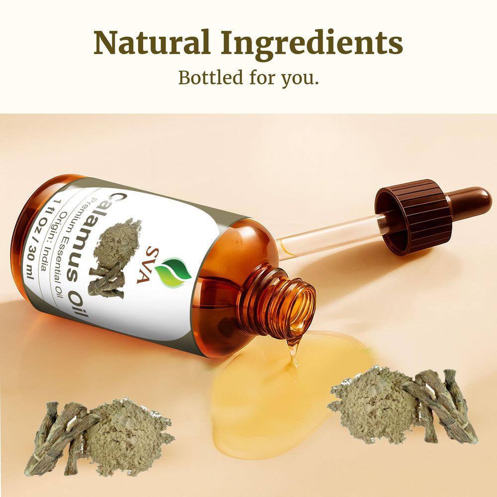 SVA ORGANICS Calamus essential oil bottle beside natural skincare tools for diffusion.