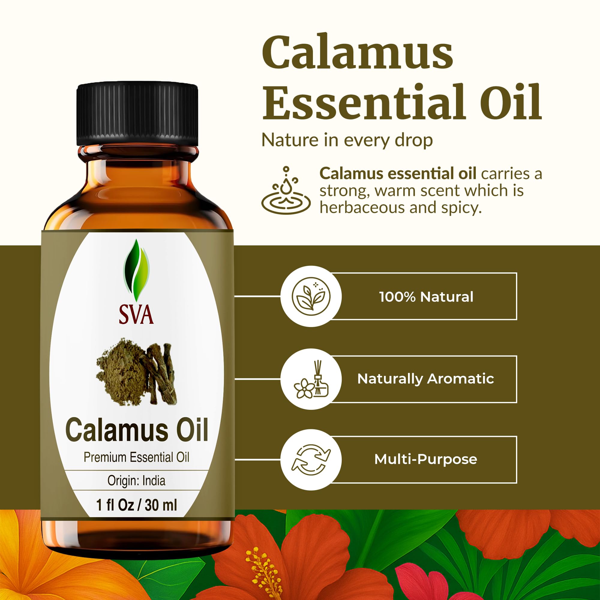SVA ORGANICS Calamus essential oil diffuser scene highlighting earthy aromatherapy benefits.