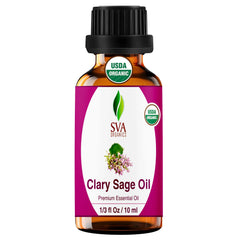 SVA ORGANICS Clary Sage oil bottle pour for aromatherapy and calm spaces.