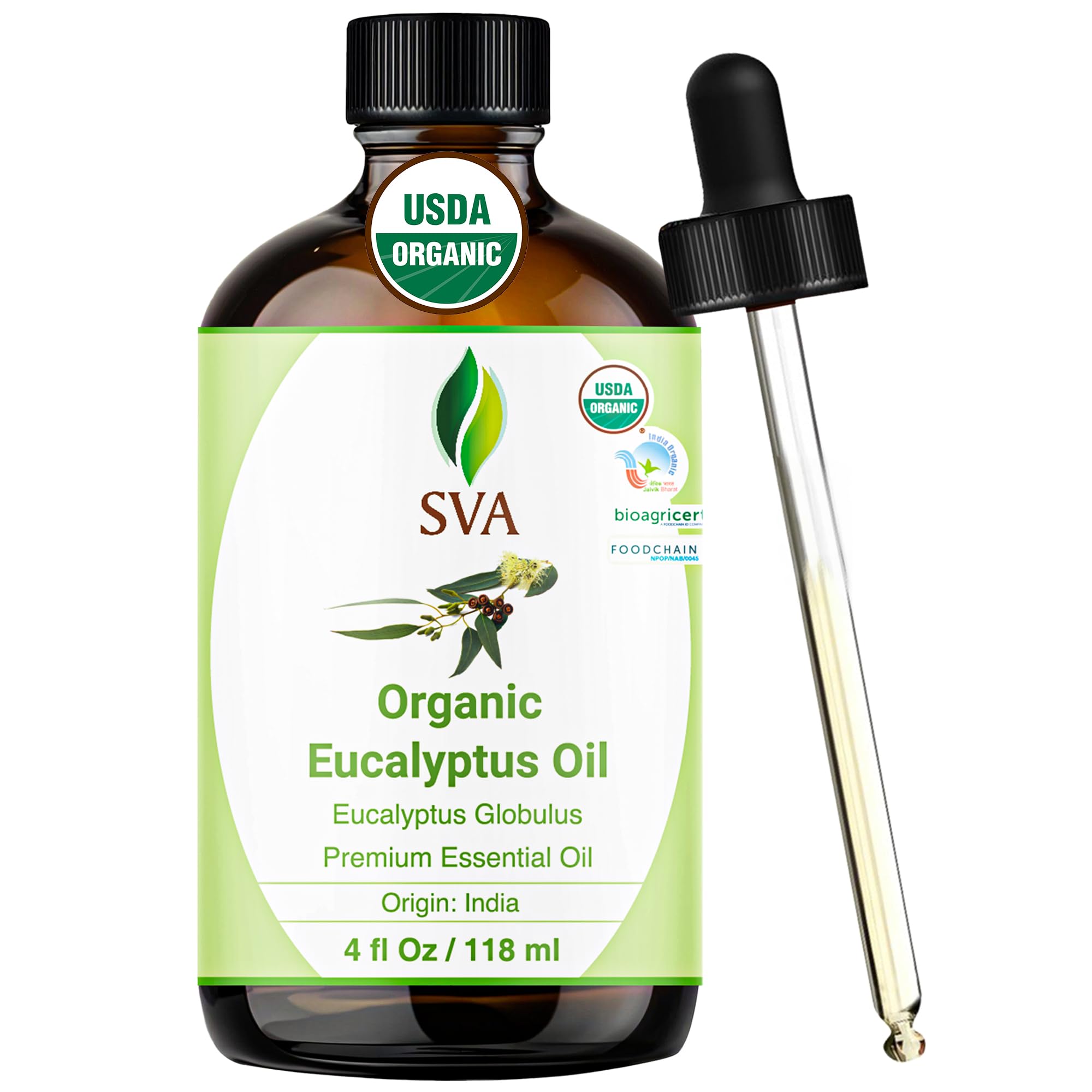 SVA Organics Eucalyptus Oil bottle for diffusion and skin care.