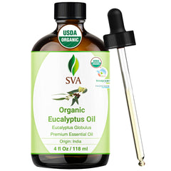 SVA Organics Eucalyptus Oil bottle for diffusion and skin care.