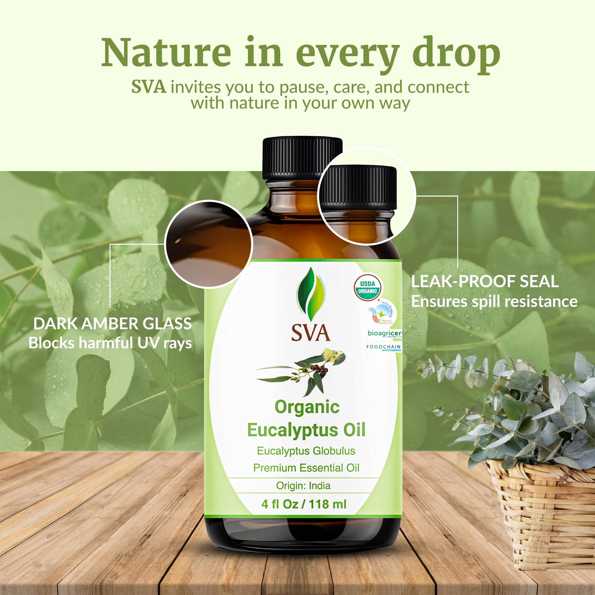SVA Organics Eucalyptus Oil shower spray for spa-like mornings.