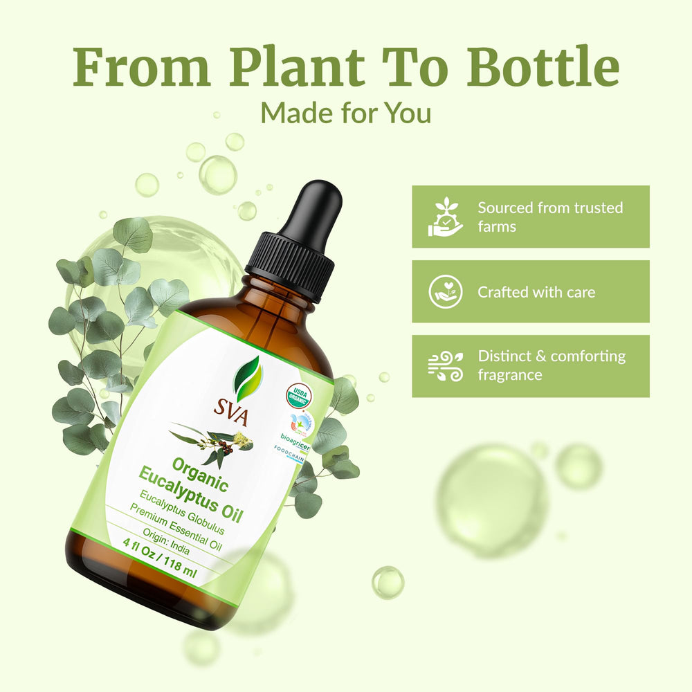 SVA Organics Eucalyptus Oil for skin care and gentle dilution.