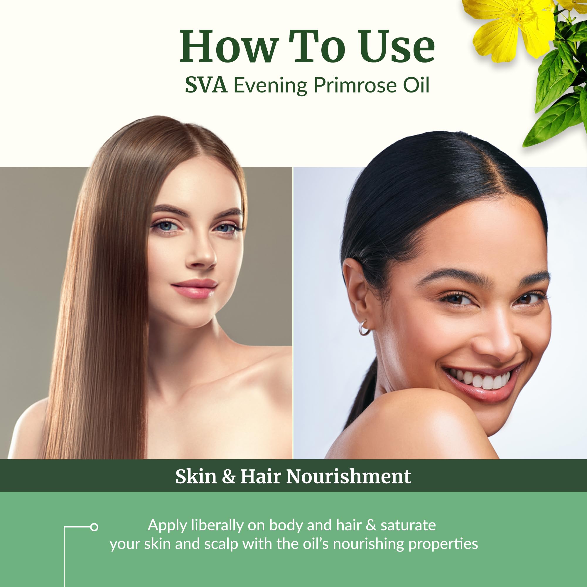 SVA Organics Evening Primrose Oil on face for hydration and softness.