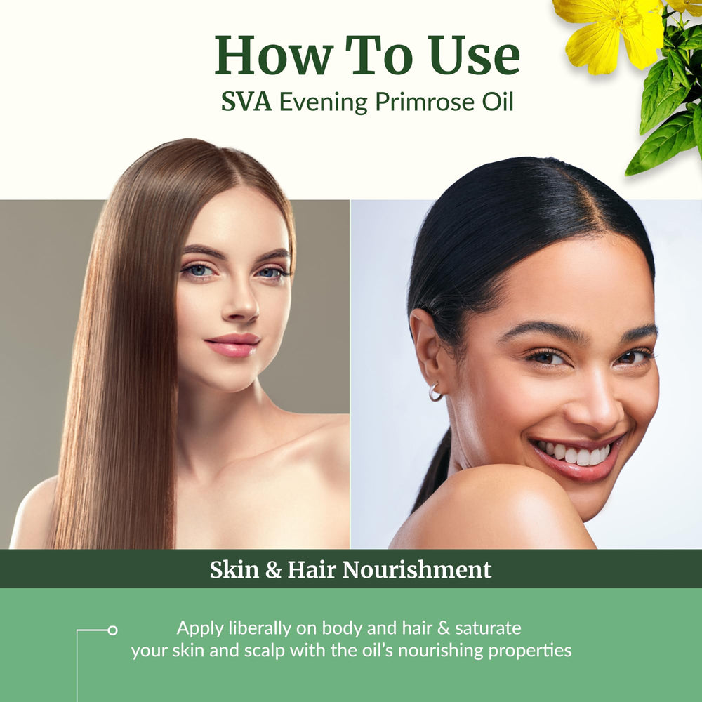 SVA Organics Evening Primrose Oil on face for hydration and softness.