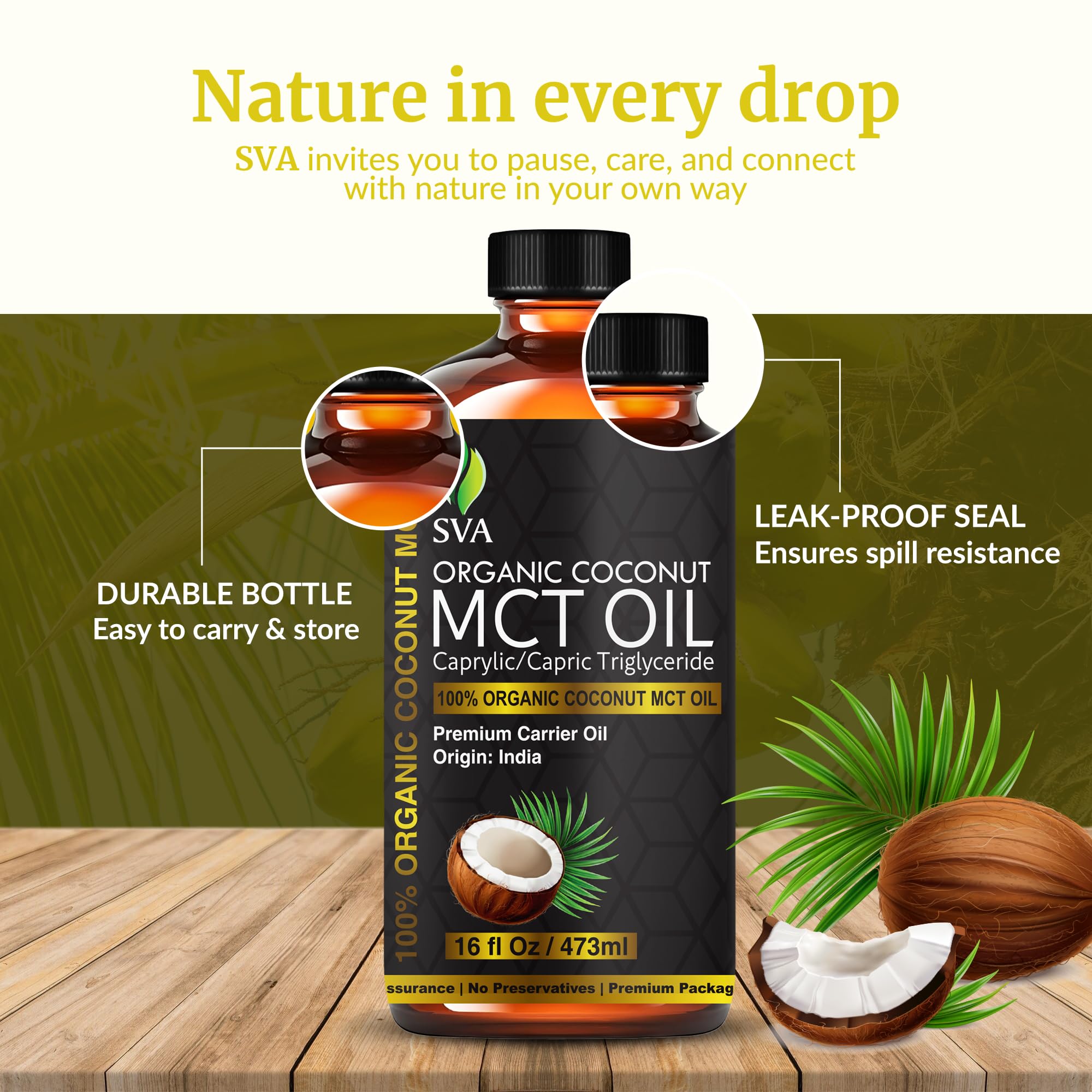 SVA Organics MCT Oil 16oz bottle supports daily skincare routines.