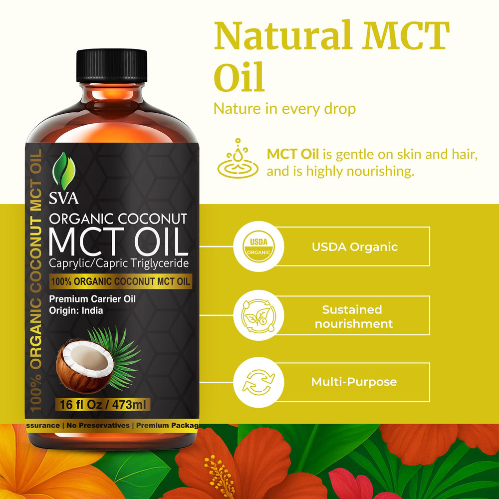 SVA Organics MCT Oil pour demonstrating easy application for quick massages.