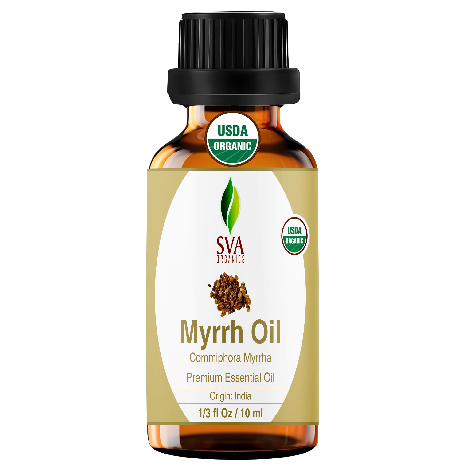 SVA Organics Myrrh essential oil bottle—pure, premium resin-derived oil for diffusion.