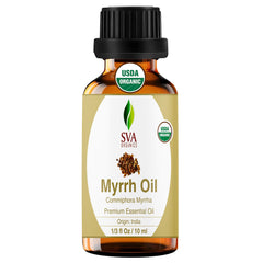 SVA Organics Myrrh essential oil bottle—pure, premium resin-derived oil for diffusion.