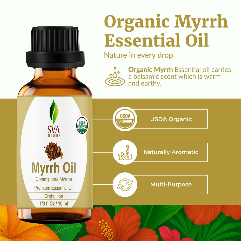 SVA Organics Myrrh oil diffuser drops for calming aromatherapy.