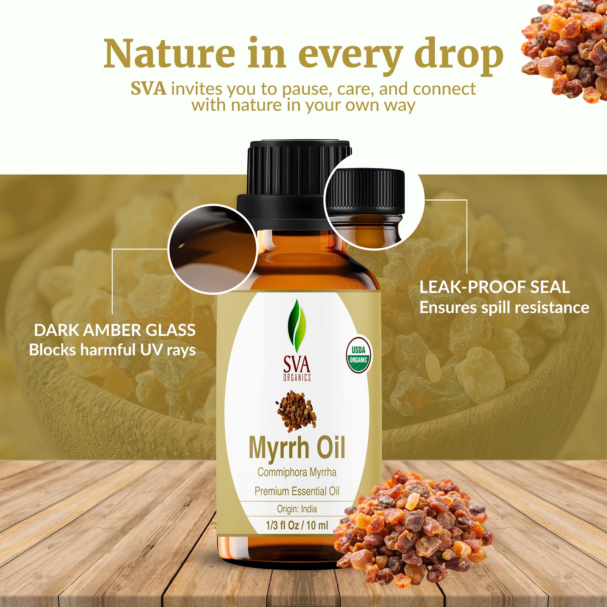 SVA Myrrh oil for massage—dilute before use and massage skin.