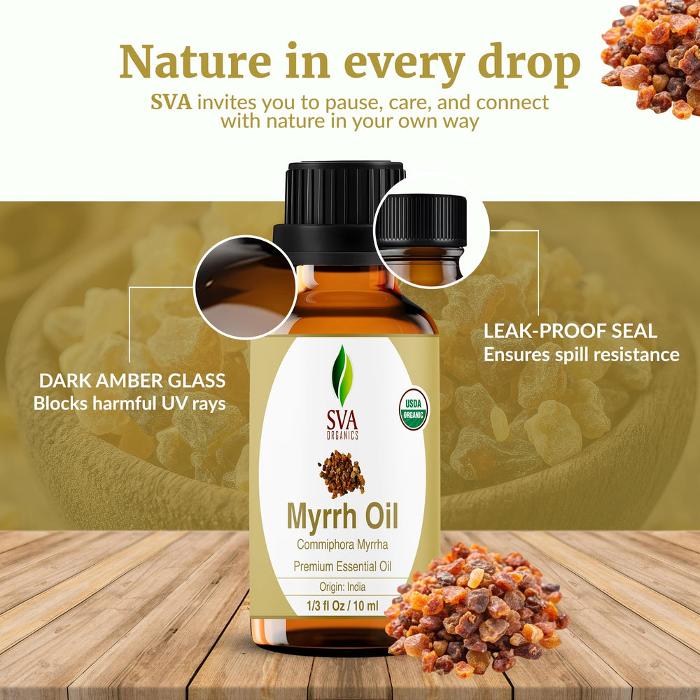 SVA Myrrh oil for massage—dilute before use and massage skin.