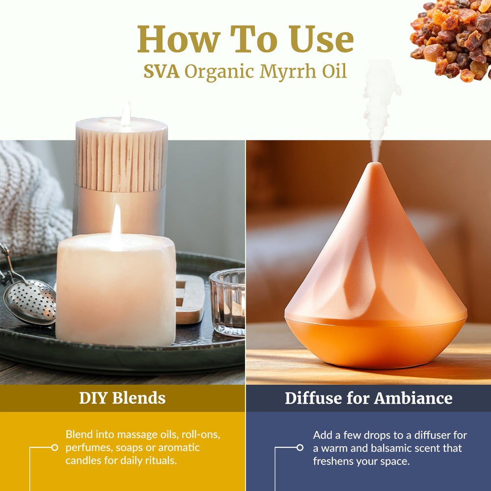 SVA Myrrh oil for soap making—creamy lather with warming scent.
