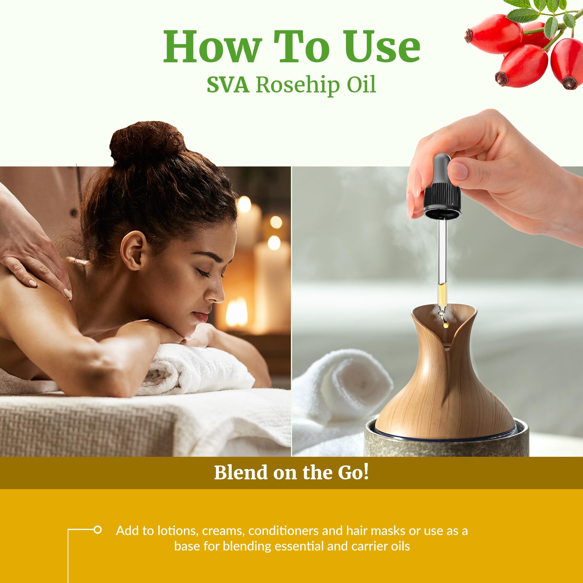 SVA Rosehip Seed Oil used in baths for body massage.