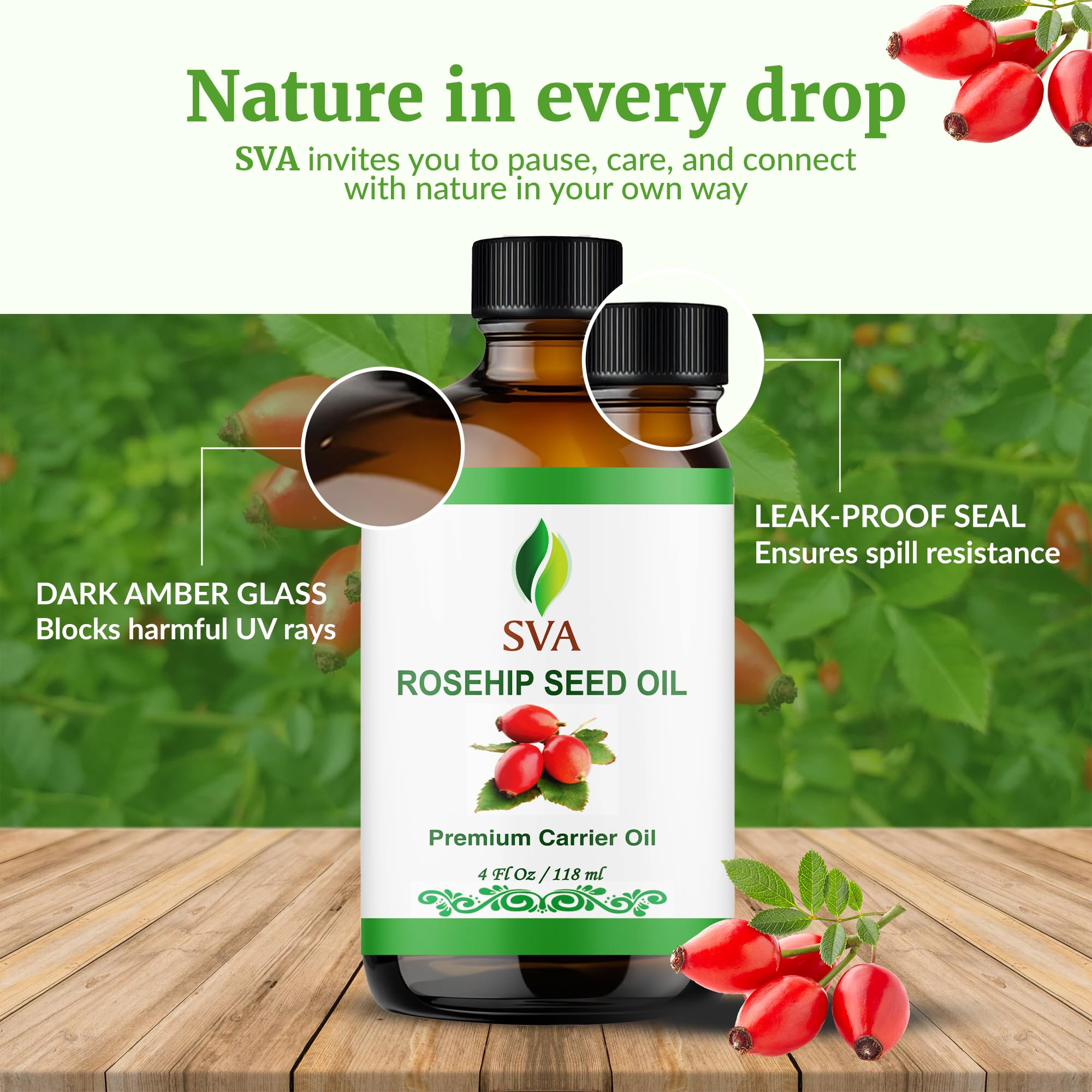 SVA Rosehip Seed Oil on shelf highlighting premium-quality packaging.