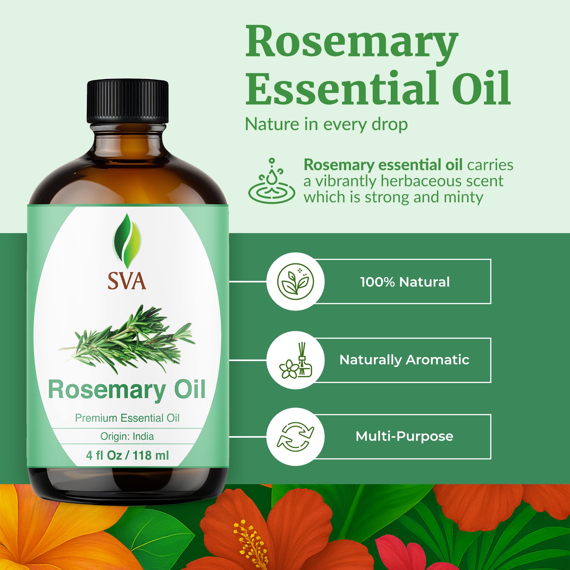 SVA Rosemary oil used for hair and scalp massage to refresh feel and shine.