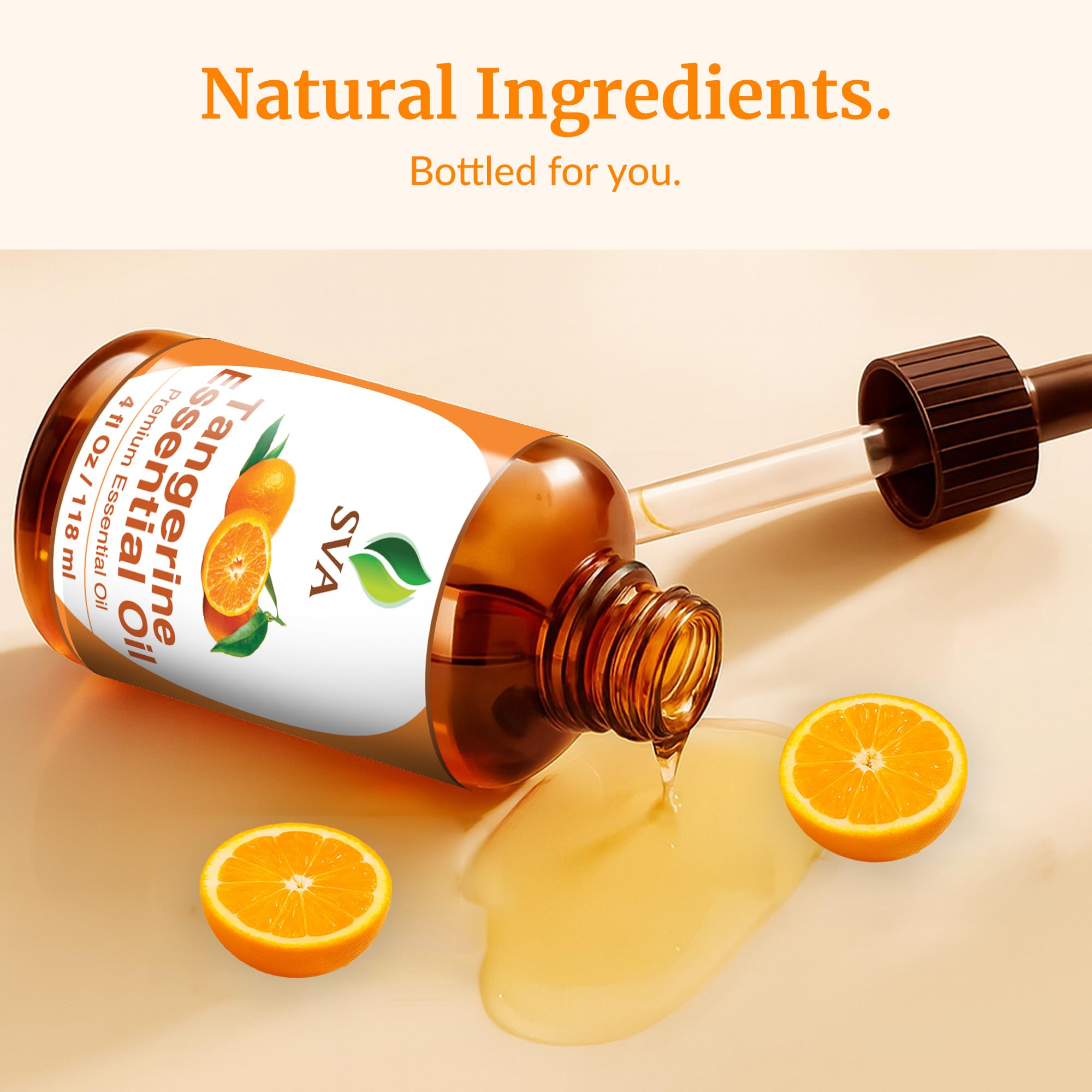 High-quality cold-pressed Tangerine oil in amber bottle close-up.