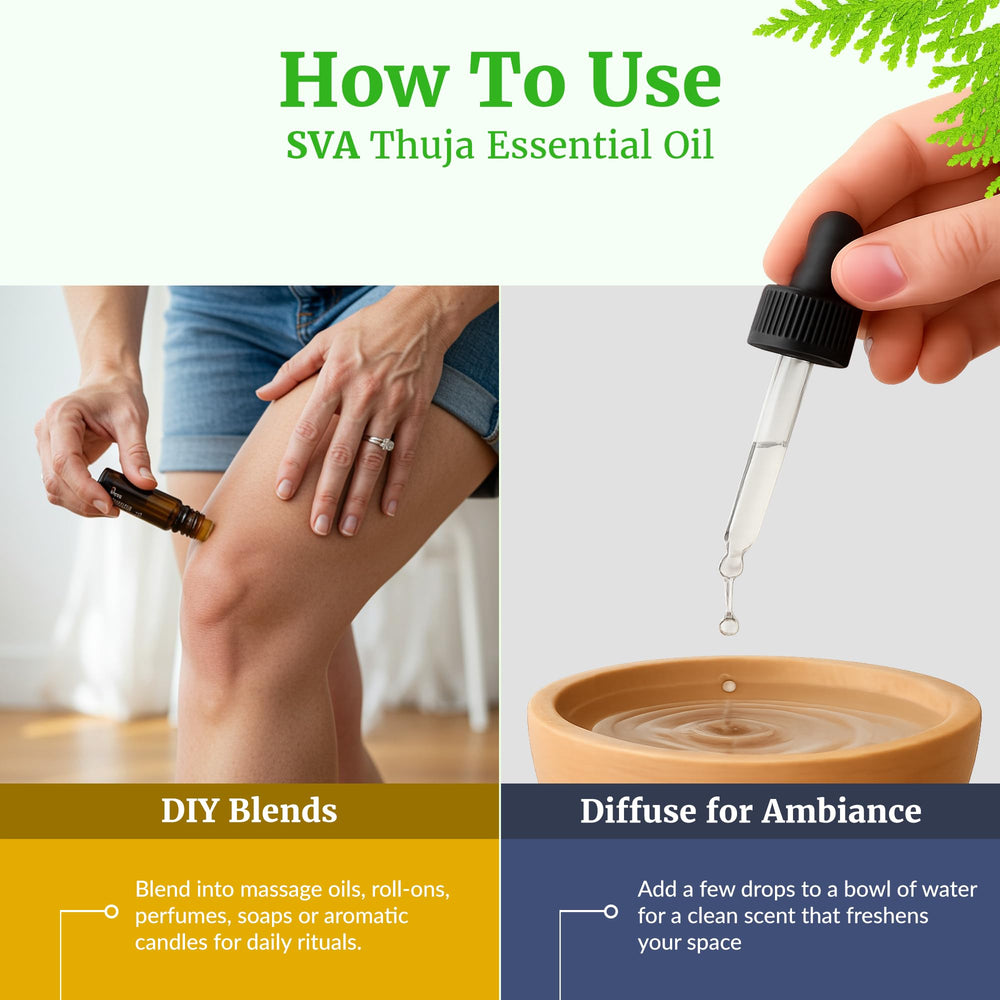 Cruelty-free logo on SVA Thuja essential oil packaging