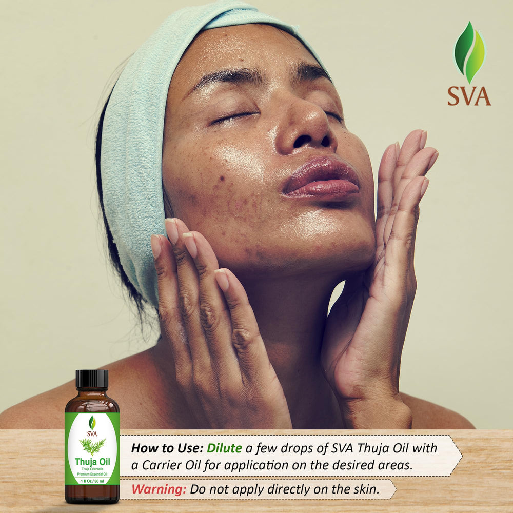 SVA Thuja essential oil bottle releasing aroma into air