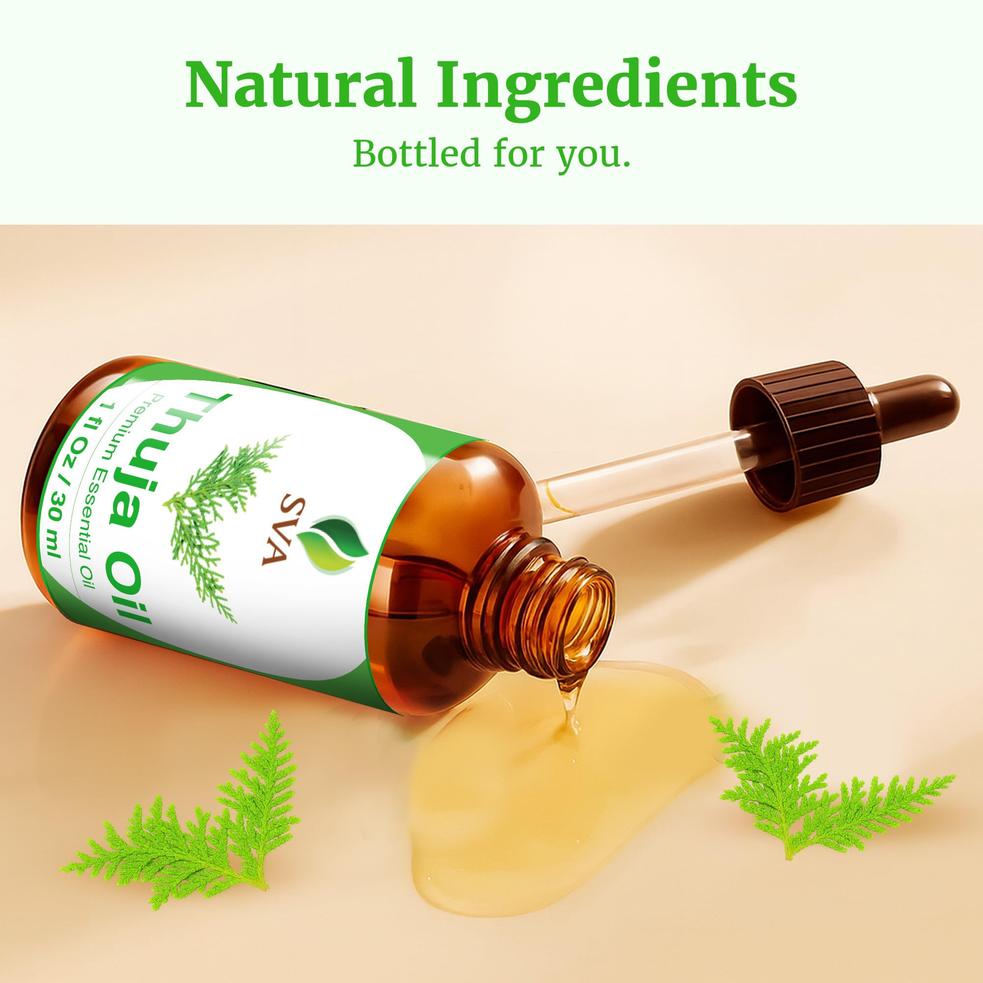 SVA Thuja essential oil bottle displayed on wooden surface