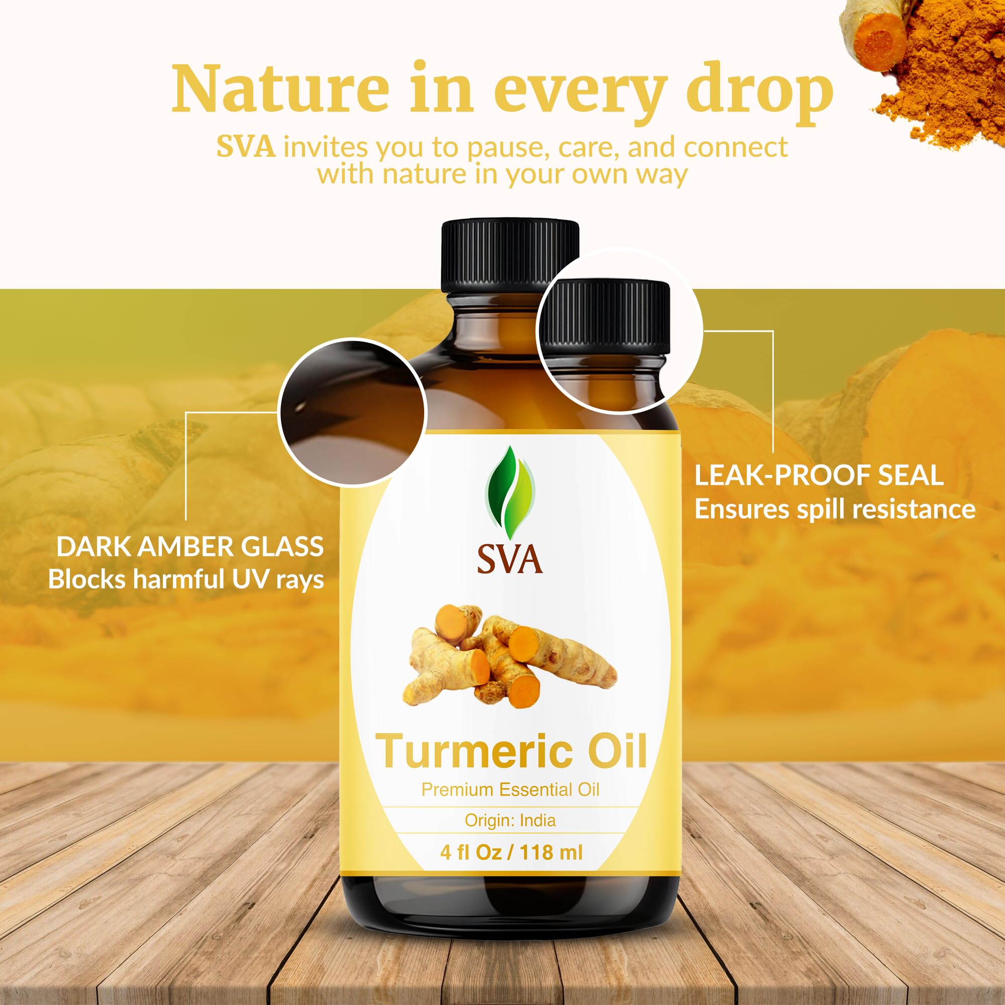 SVA Turmeric Essential Oil packaging highlighting preservative-free formula