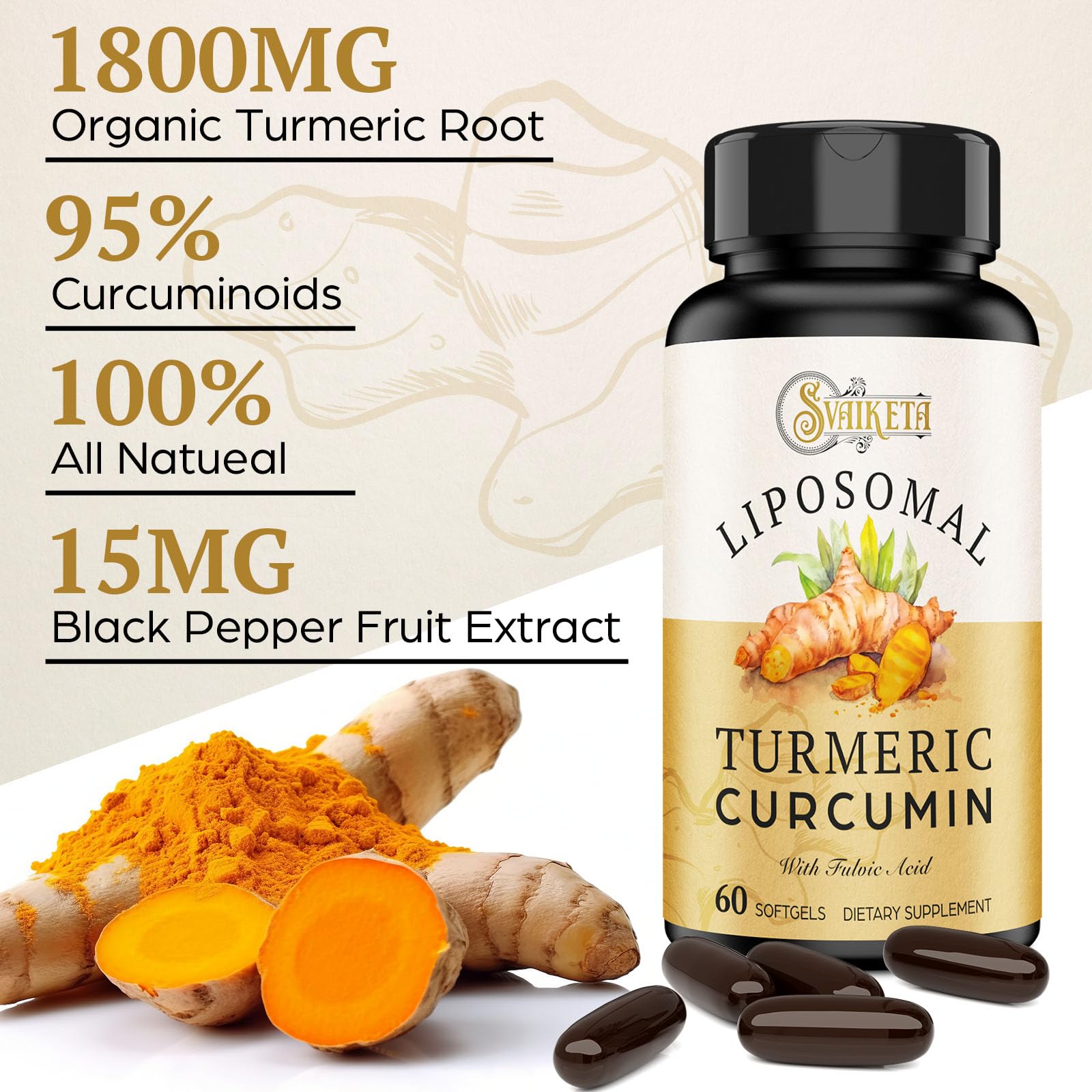 Svaiketa liposomal turmeric label closeup showing 2000mg potency and piperine for absorption