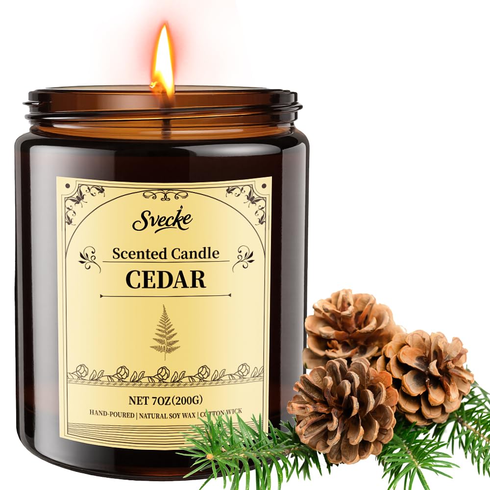 SVECKE cedar-scented candle 7oz creates earthy ambience in the living room.